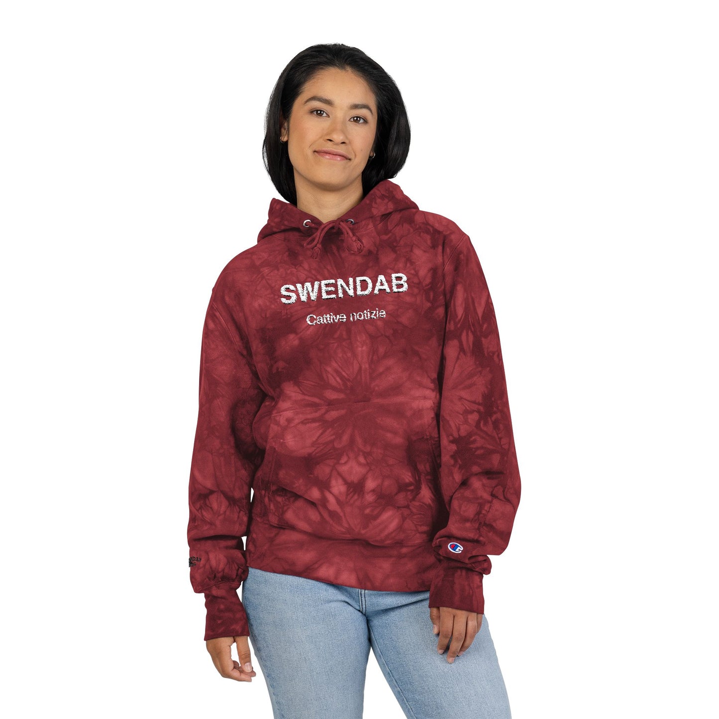 Embroidered Tie-Dye Hoodie — "SWENDAB CATTIVE NOTIZIE" Champion Reverse Weave - SWENDAB