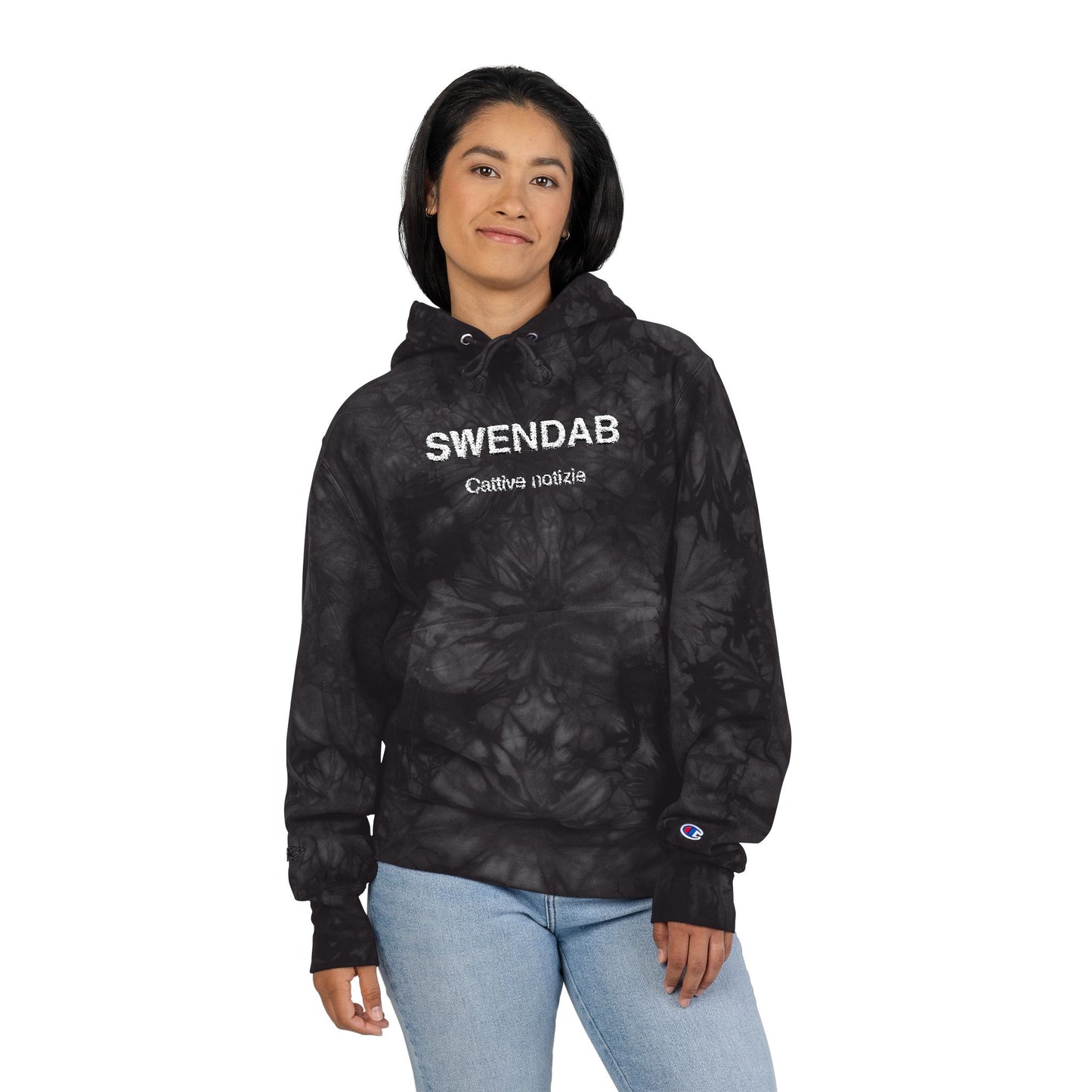 Embroidered Tie-Dye Hoodie — "SWENDAB CATTIVE NOTIZIE" Champion Reverse Weave