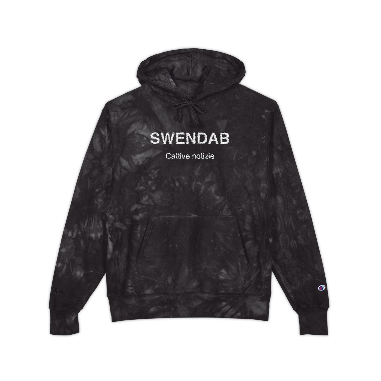 Embroidered Tie-Dye Hoodie — "SWENDAB CATTIVE NOTIZIE" Champion Reverse Weave