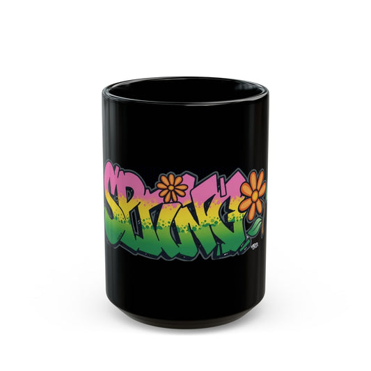 Graffiti Flower Black Mug — Colorful Retro Street Art Coffee Cup (11oz, 15oz) - SWENDAB