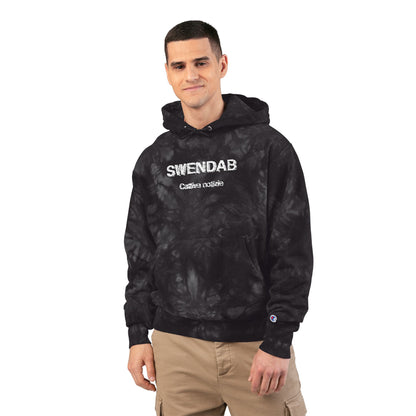 Embroidered Tie-Dye Hoodie — "SWENDAB CATTIVE NOTIZIE" Champion Reverse Weave